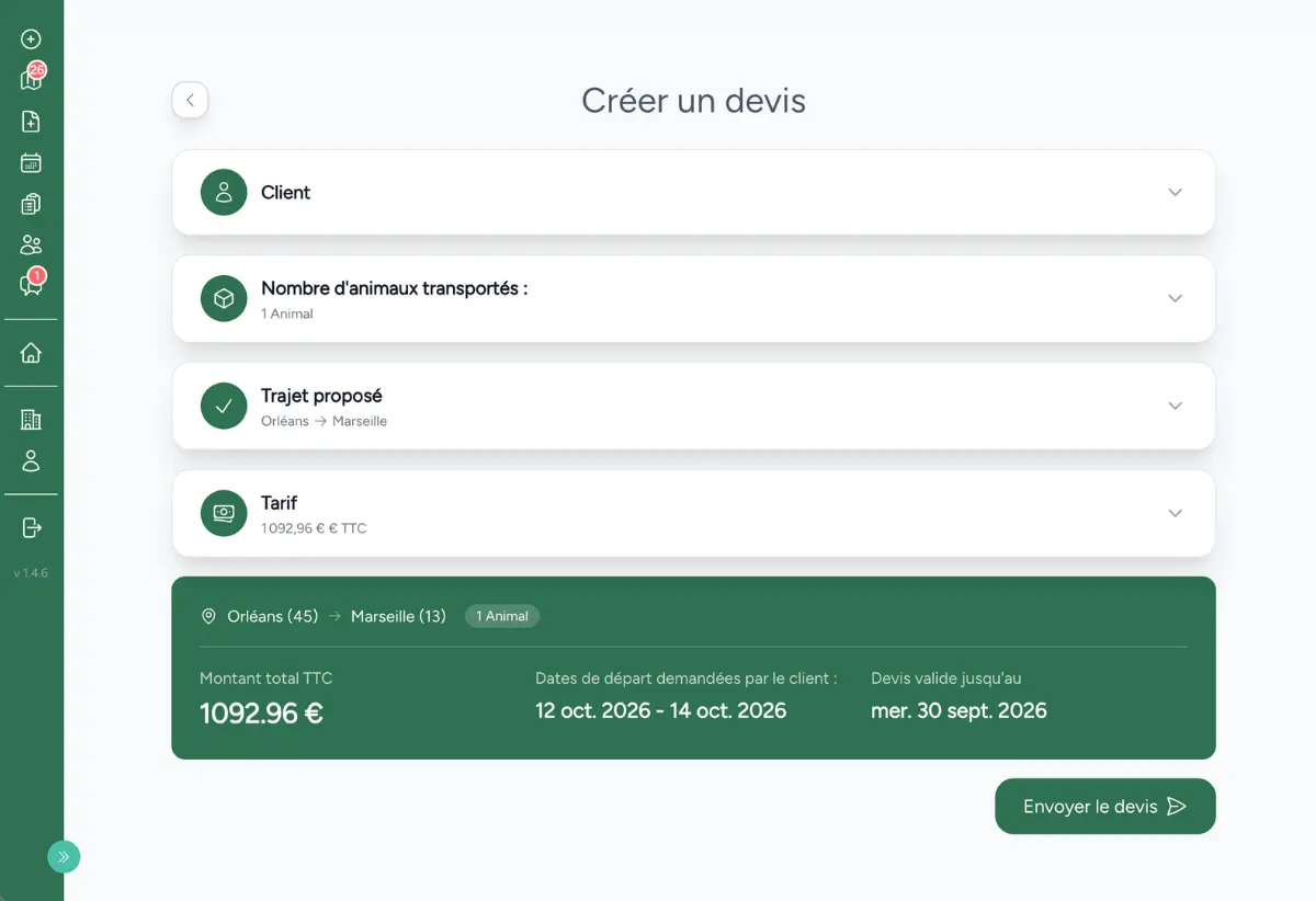 Fonction création devis transport Ogalo