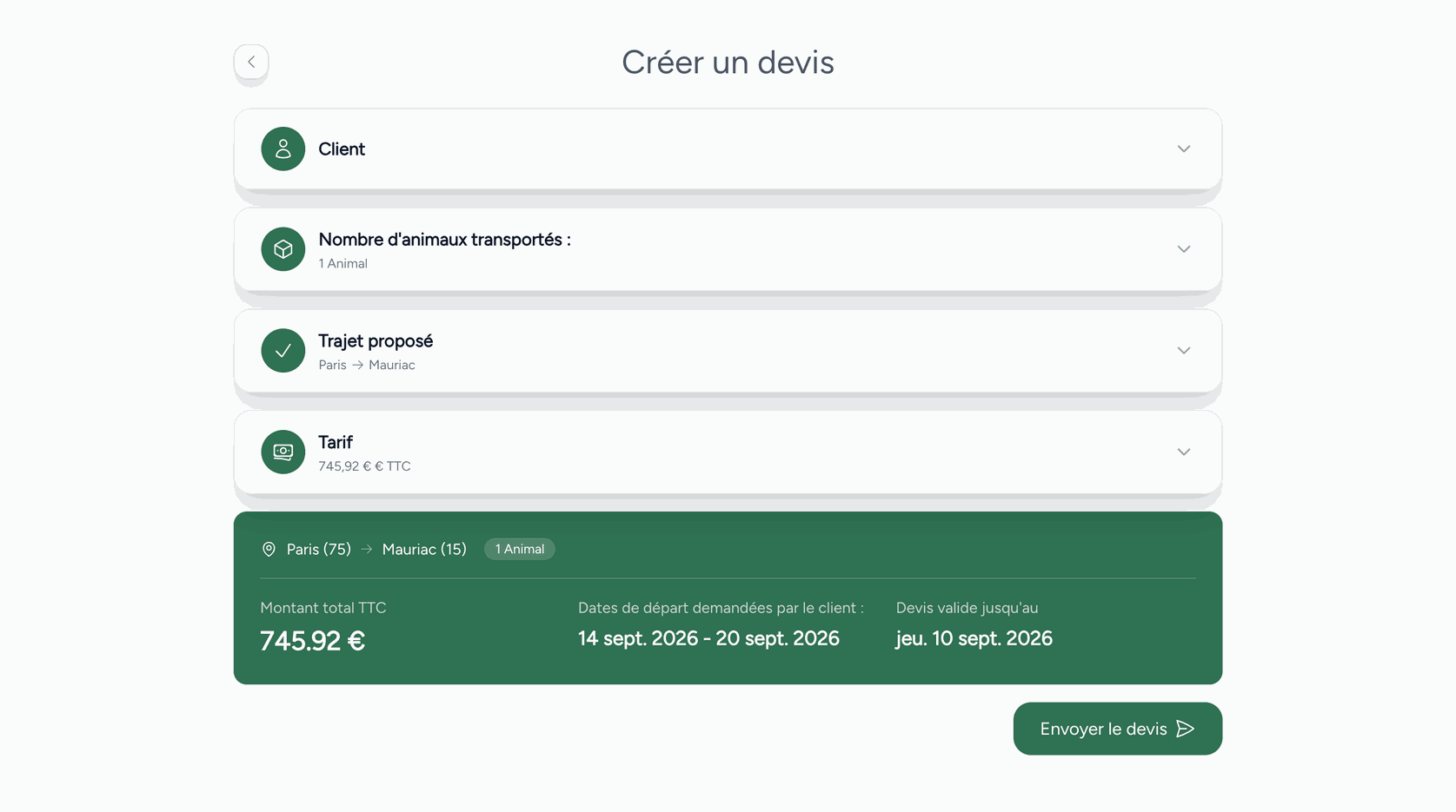 Fonction devis transport Ogalo