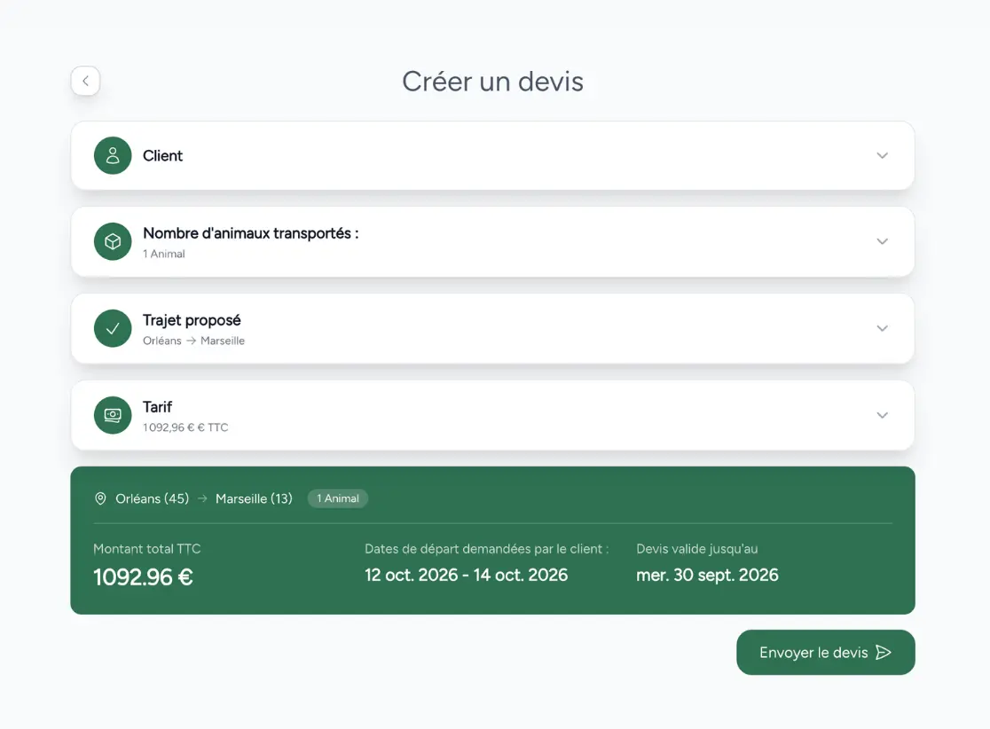 Fonction création devis transport Ogalo