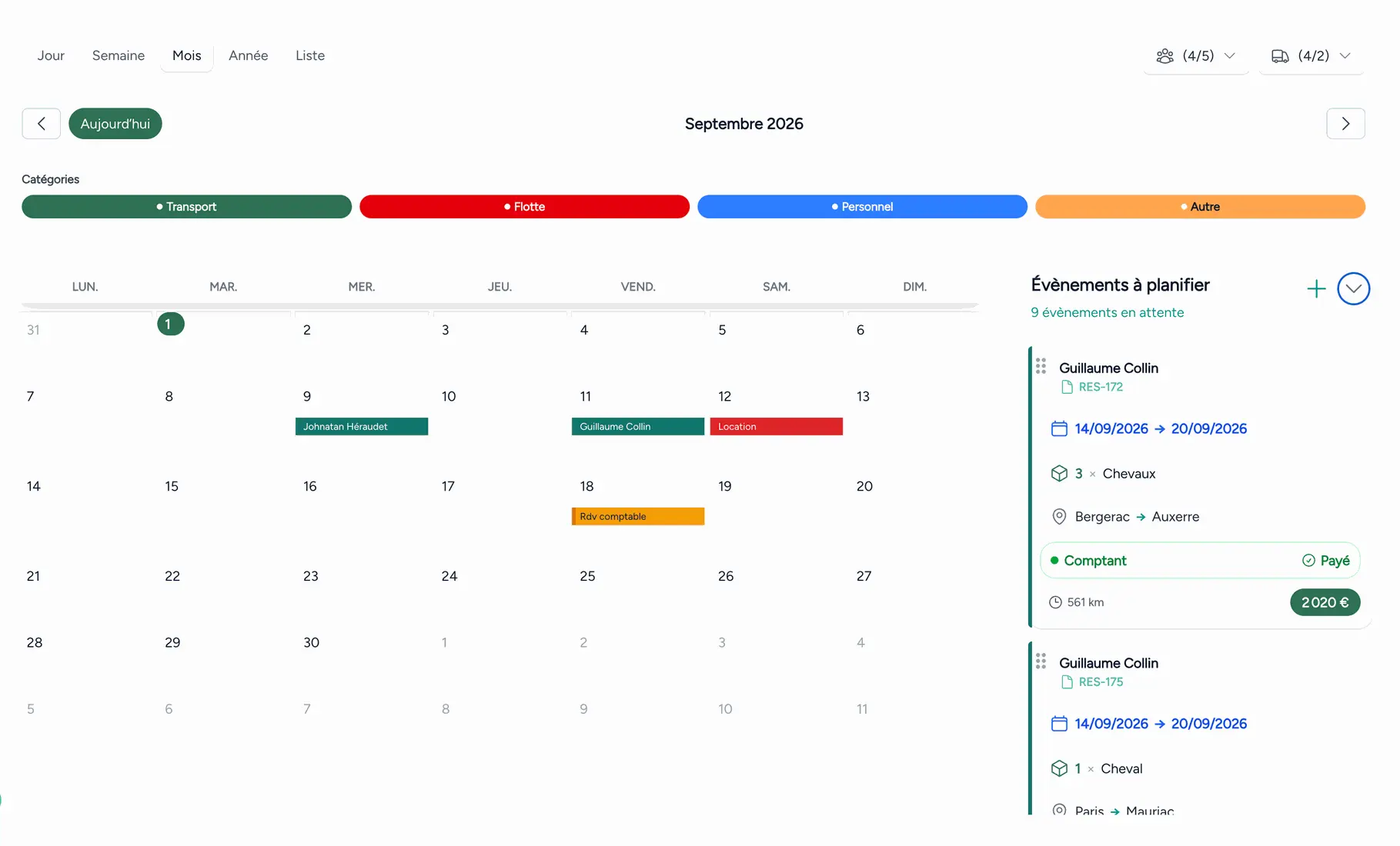 Fonction planning et agenda transport Ogalo
