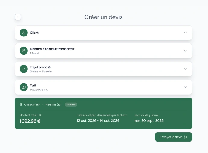 Fonction création devis transport Ogalo