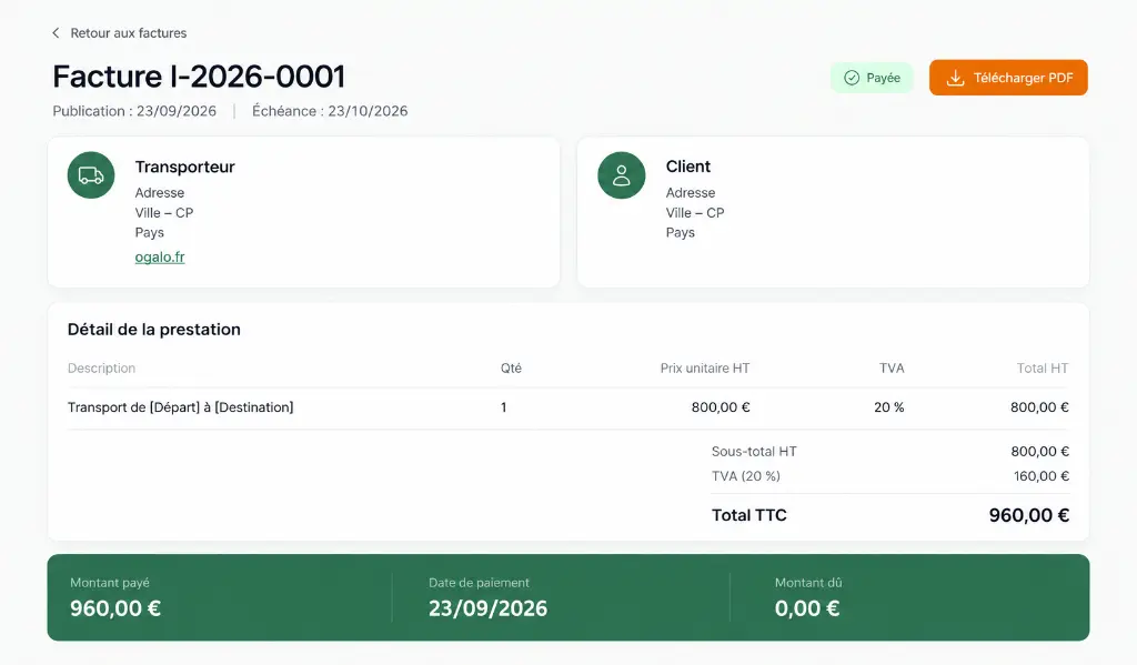 Facturation de l'outil de gestion transport Ogalo